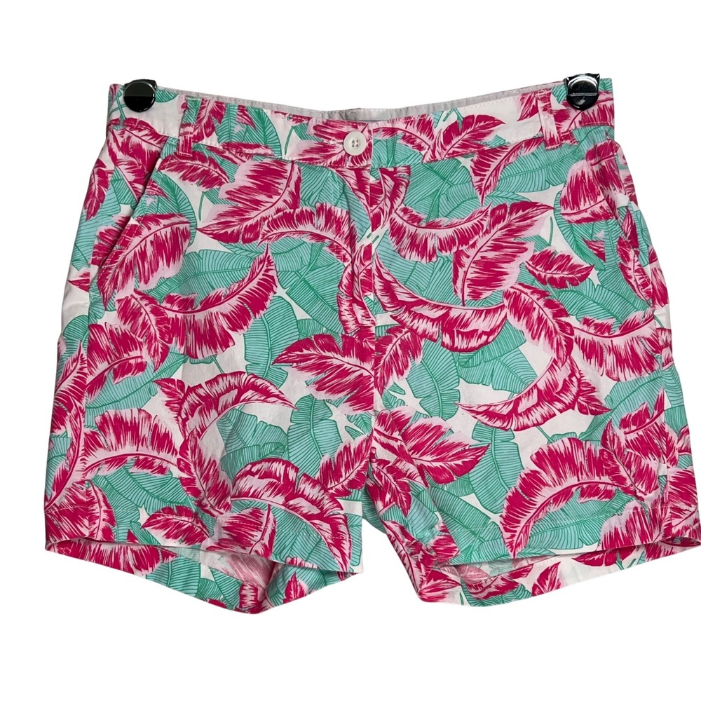 Caribbean Joe Womens Pink Teal Tropical Banana Leaf Chino Shorts Size 10 Stretch